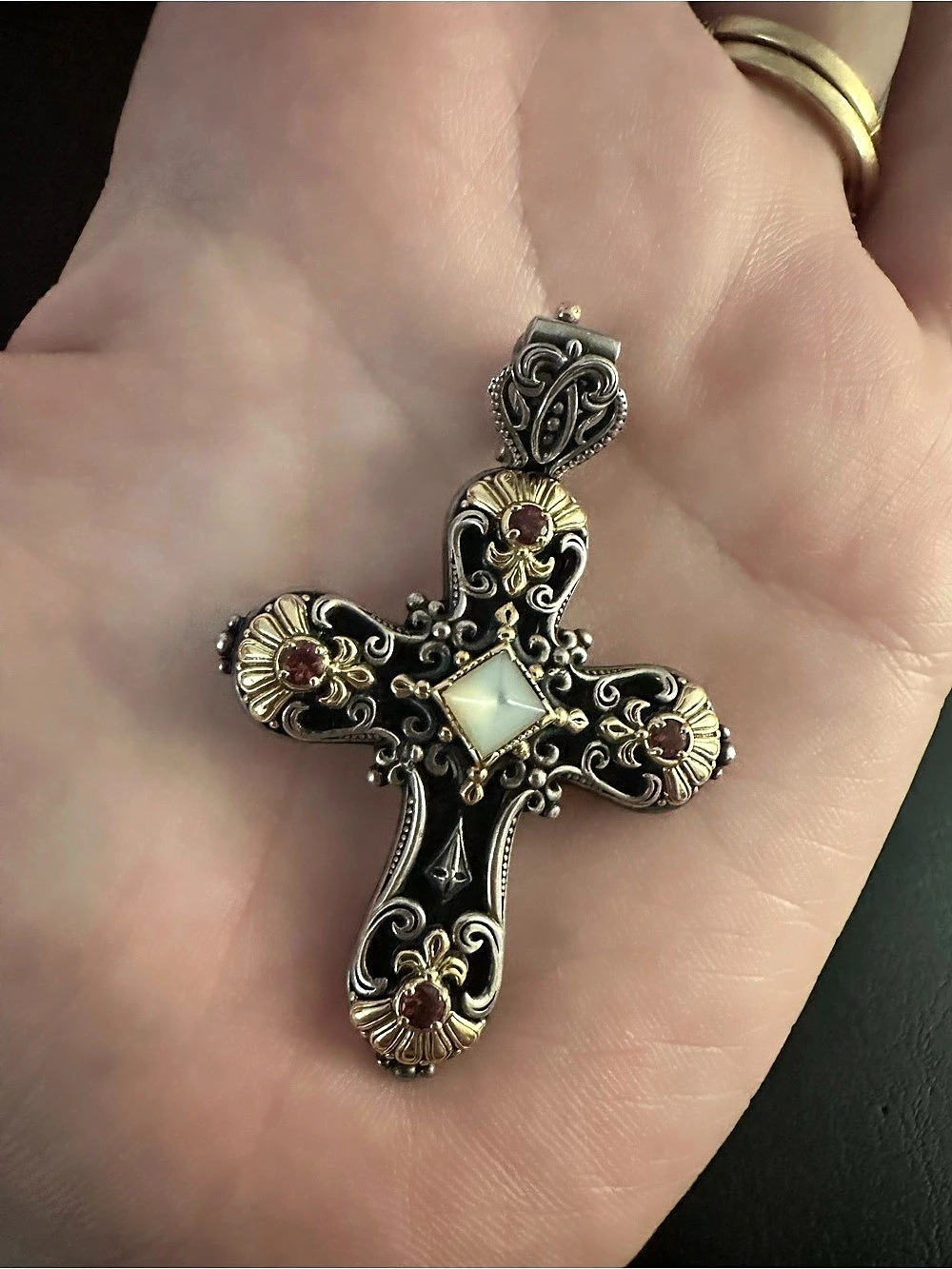 Konstantino Mother of Pearl, Pearl and Garnet Cross Pendant Silver & Red